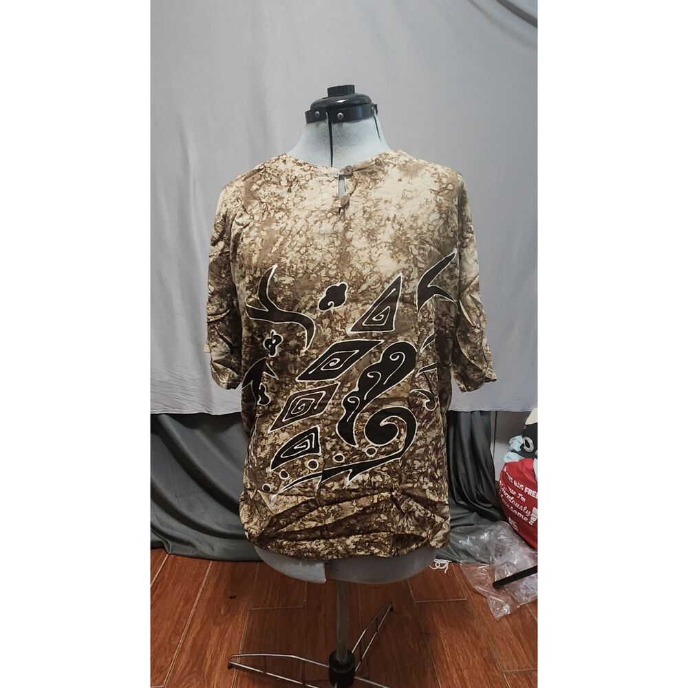 Vintage Bohemian Earth Batik Print Blouse Short Sleeve Top Brown Cream Large